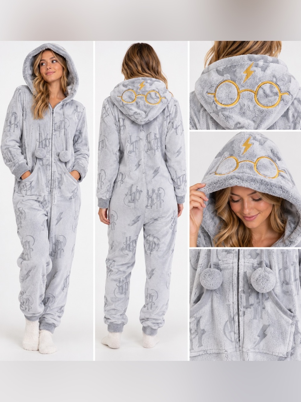 Harry Potter Hogwarts Gray Plush Hooded Onesie Pajamas Adult Large L